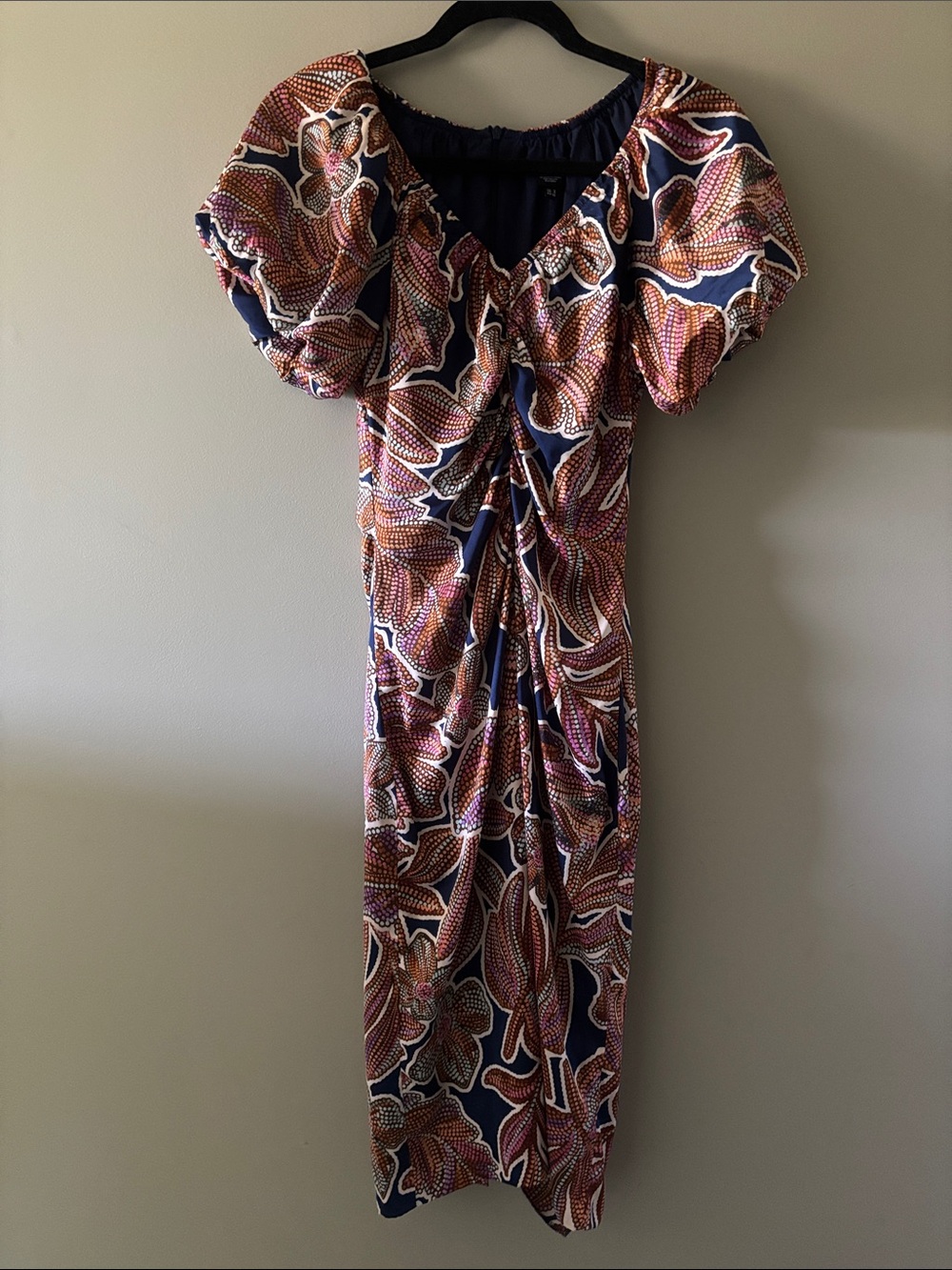 Maggy London Navy Floral-Print Puff Sleeve Midi Dress